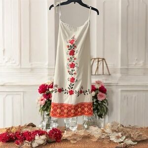 Handmade Floral Embroidered White Dress with Red Accents
